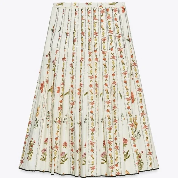 Zara 🔥 Pleated Floral Midi Skirt Botanical Flowy Cottagecore Prairie Cotton XL - Picture 10 of 16